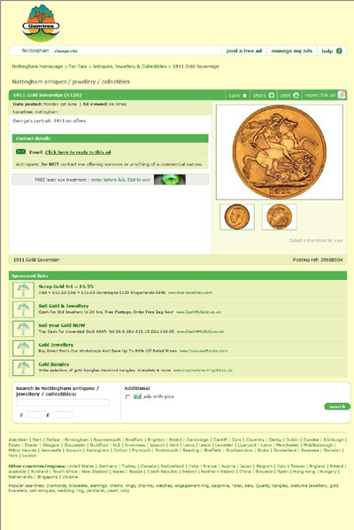 Gumtree. Com Posting ref: 39688504
Copyright Theft 1911 Gold Sovereign